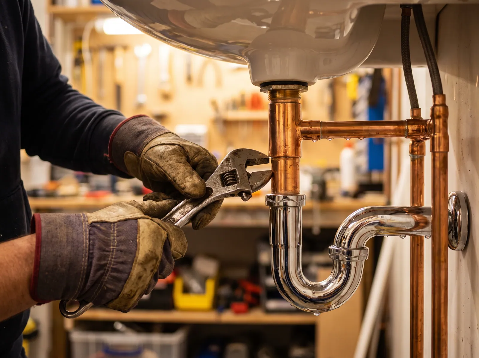 Plumber servicing copper pipes and a chrome trap beneath a sink