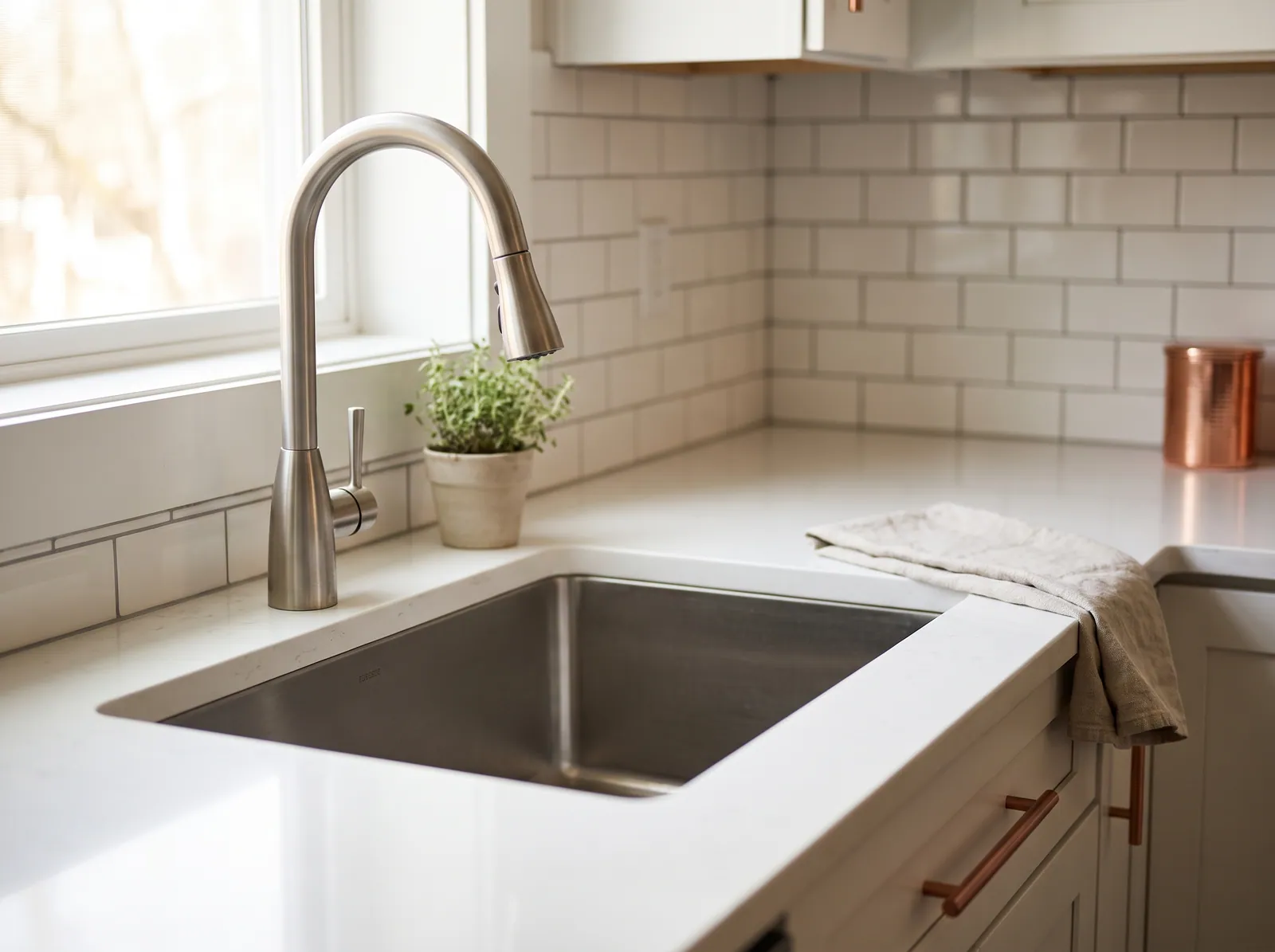 Modern kitchen sink with a newly installed pull-down faucet