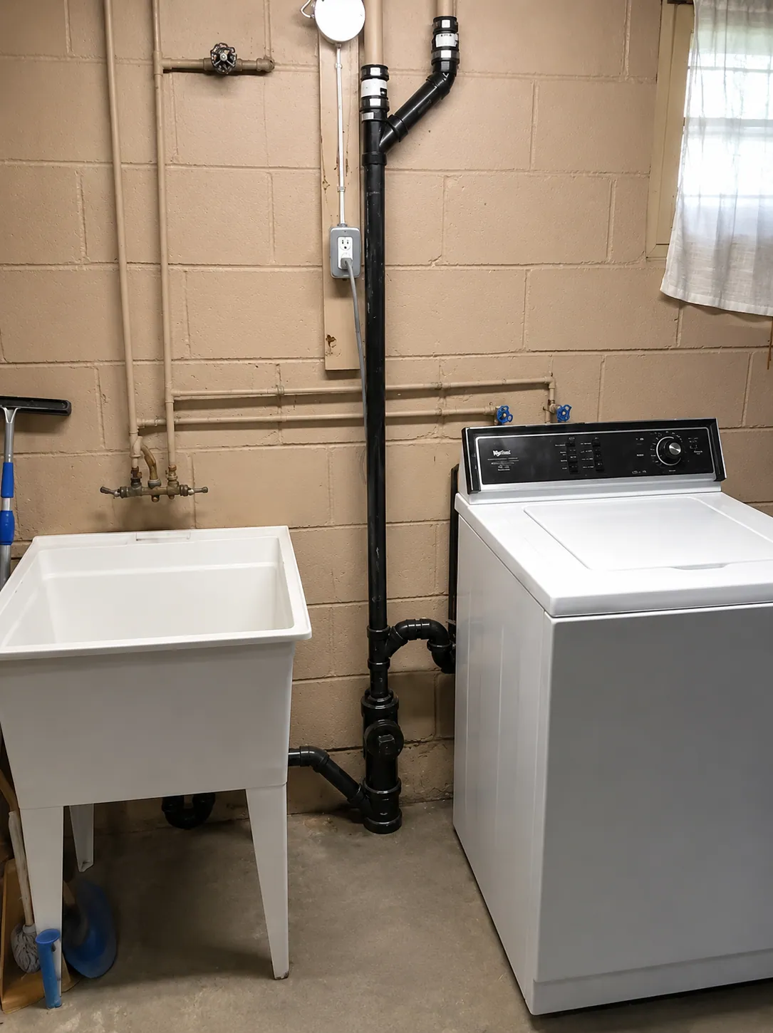 New waste stack and utility sink in a finished basement laundry