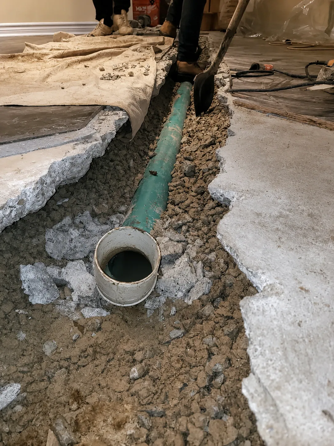Under-slab drain rough-in during a basement renovation